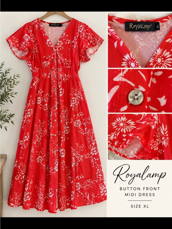 Dresses & Skirts - Red Orange Floral Button-Front Midi Dress